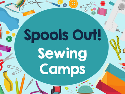 Sewing notions scattered on an aqua background with text Spools Out! Sewing Camps