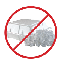 styrofoam containers and peanuts with "NO" symbol