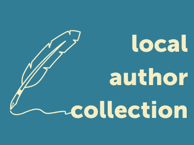 Blue sign with quill pen drawing a squiggle and text "Local Author Collection"
