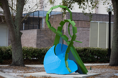 Joey Manson abstract metal sculpture in green and blue
