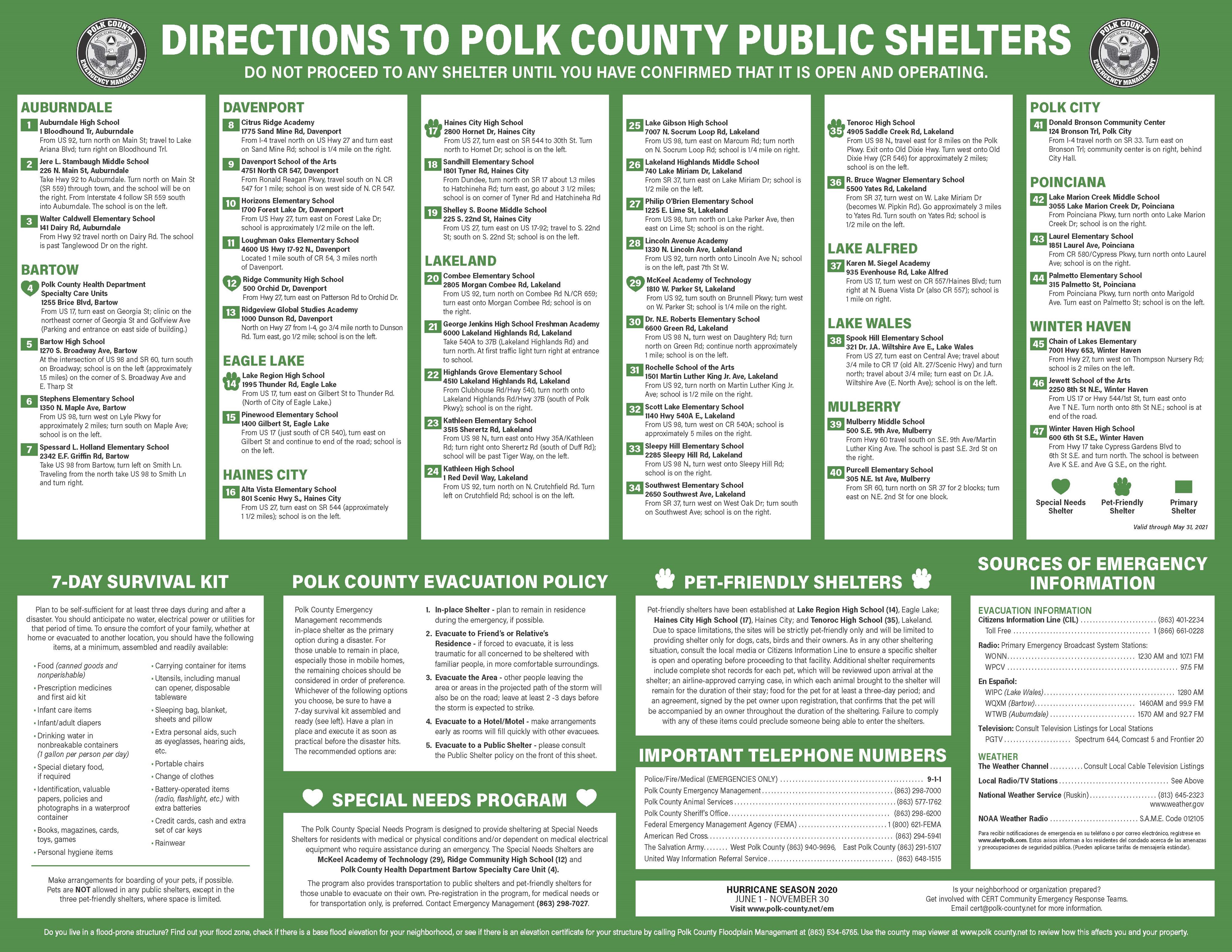 Polk County Shelters Directions Info