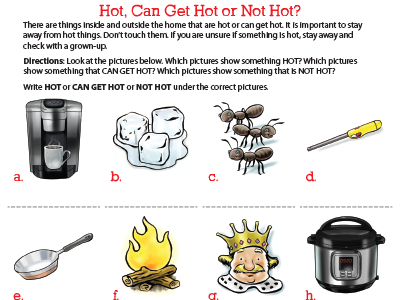 Activity sheet for items that are hot, can get hot, or aren't hot. 
