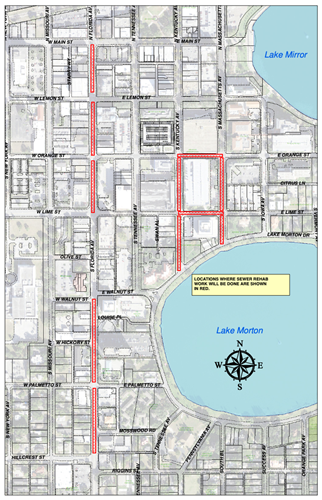 Map of sewer work in Downtown Lakeland beginning May 11, 2021