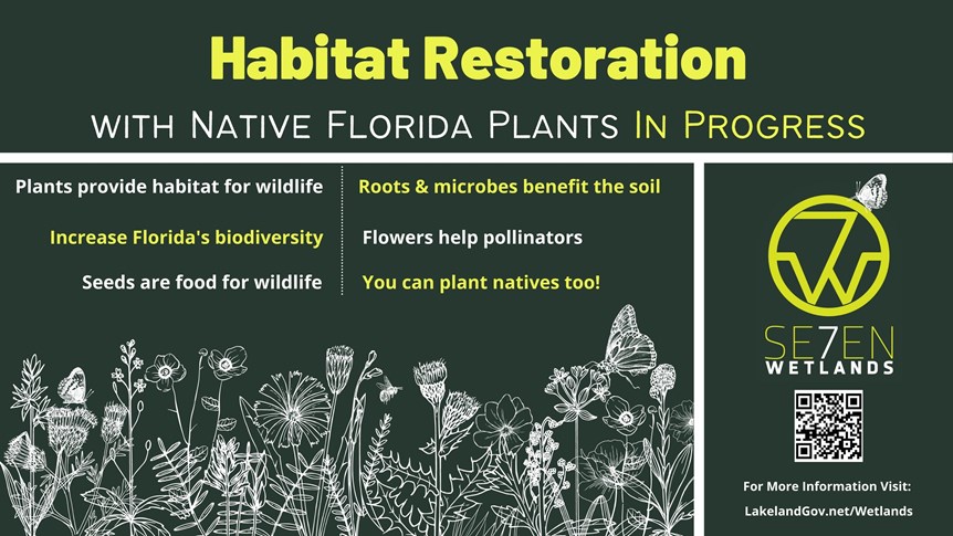 Habitat Restoration Sign with text and 7 wetlands logo