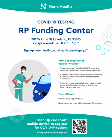 NOMI Health flyer with COVID-19 Testing at the RP Funding Center Info. Details on page