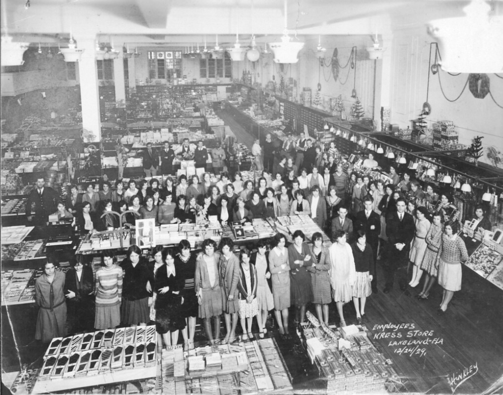 Employees of S.H. Kress and Company, Lakeland, Florida pose for a photograph in the store on Christmas Eve, 1929; link to Lakeland Public Library "Workers of Lakeland" Flickr album