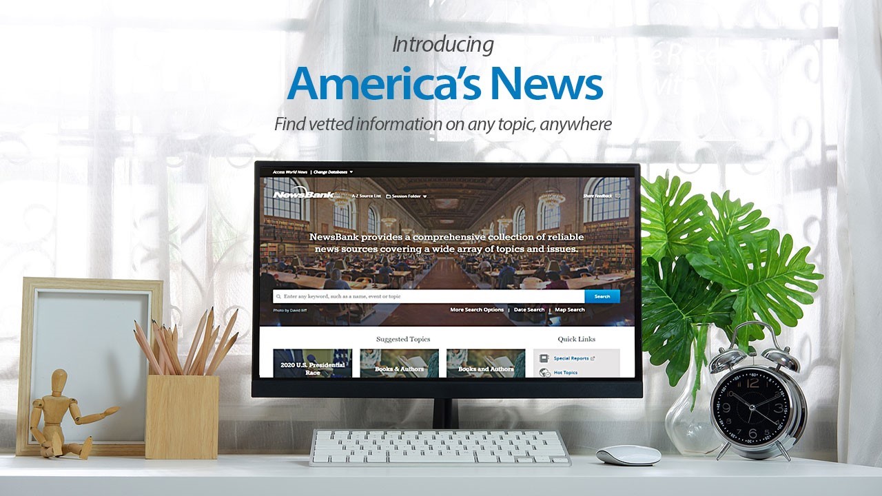 Photo of desktop computer with America's News website on the screen and text above "Introducing America's News. Find vetted information on any topic, anywhere"