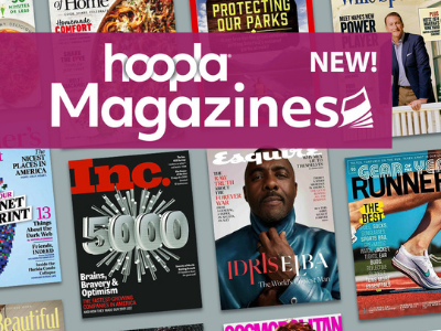 Magazine covers with purple logo and text "New! hoopla Magazines"; link to hoopla digital online catalog