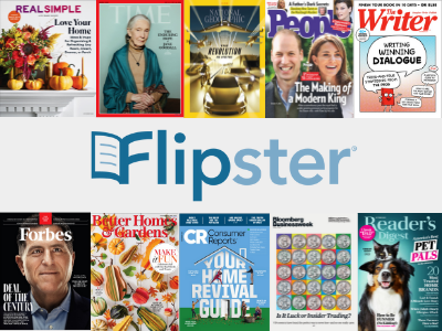 Graphic with two rows of five magazine covers and the text "Flipster" printed in the center; link to Flipster online catalog