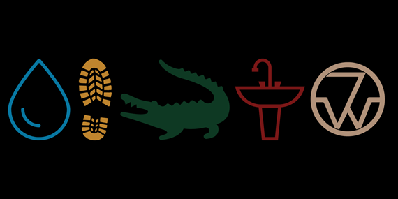 graphic with water drop, hiking boot, alligator, sink and 7 w logo