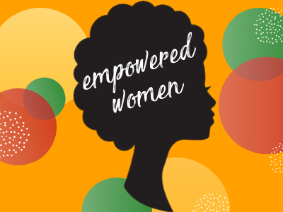 Black profile of a woman on an orange background with yellow, green, and red geometric circles design and text Empowered Women; link to Lakeland Public Library "Empowered Women" story map