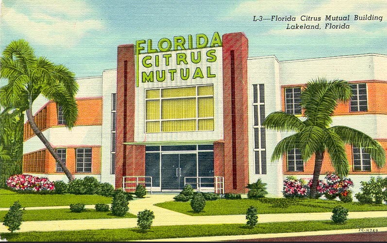 1950s postcard of the Florida Citrus Mutual Building, located on Massachusetts Avenue in Lakeland; link to "There Is a Beautiful Land" Flickr album