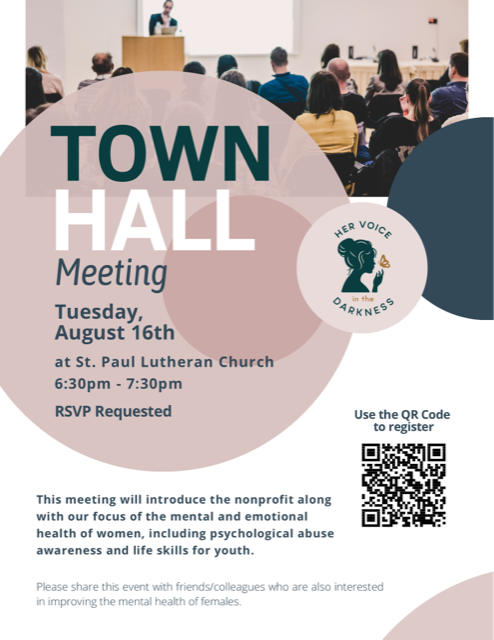 town hall meeting, 9-27-22.  SFA CHURCH OF CHRIST, 1870 s florida av.  10:30-11:30am.  this meeting will introduce the nonprofit along with our focus of the mental and emotional health of women.  rsvp request.  use qr code to register.