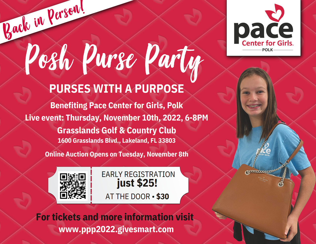 posh purse party, in person!  purses with a purpose, benefits pace center for girls.  11-10-22 6-8pm, 1600 grasslands blvd.  online auction opens on 11-8.  early reg just $25.  at the door, $30.  tix and info: ppp2022.givesmart.com