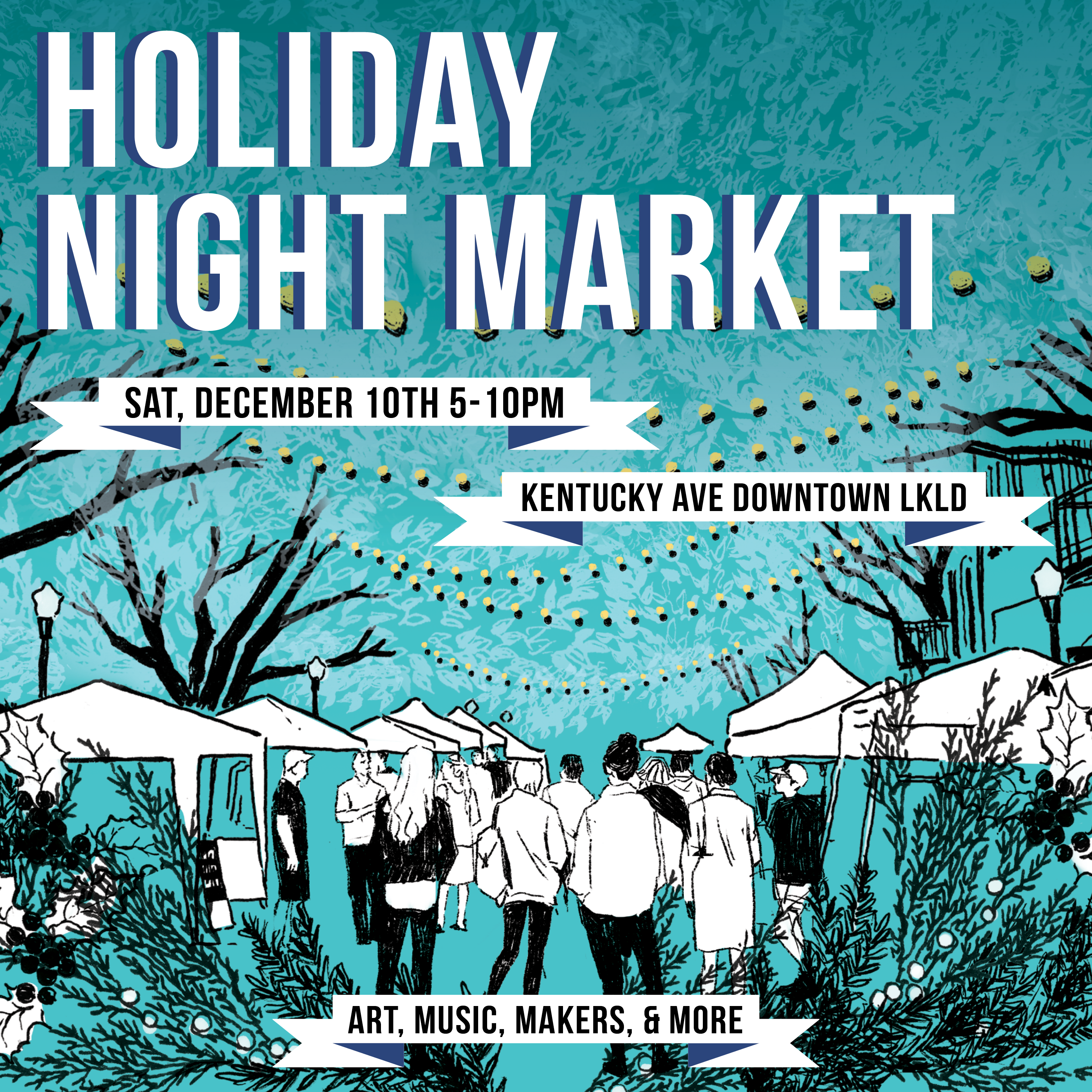 Downtown Lakeland presents: Holiday Night Market! Join us for a holiday blowout featuring FOUR unique market experiences curated by Downtown Lakeland, Buena Market, Lakeland Punk Flea, and Art Crawl! · 100+ creatives, artists, and makers · Live music and DJ sets and performances · Extended hours offered by downtown retailers · Specialty food and drinks from Lakeland’s best pop-ups