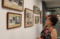Woman looking at framed photos hung on display in the Lakeland History Room
