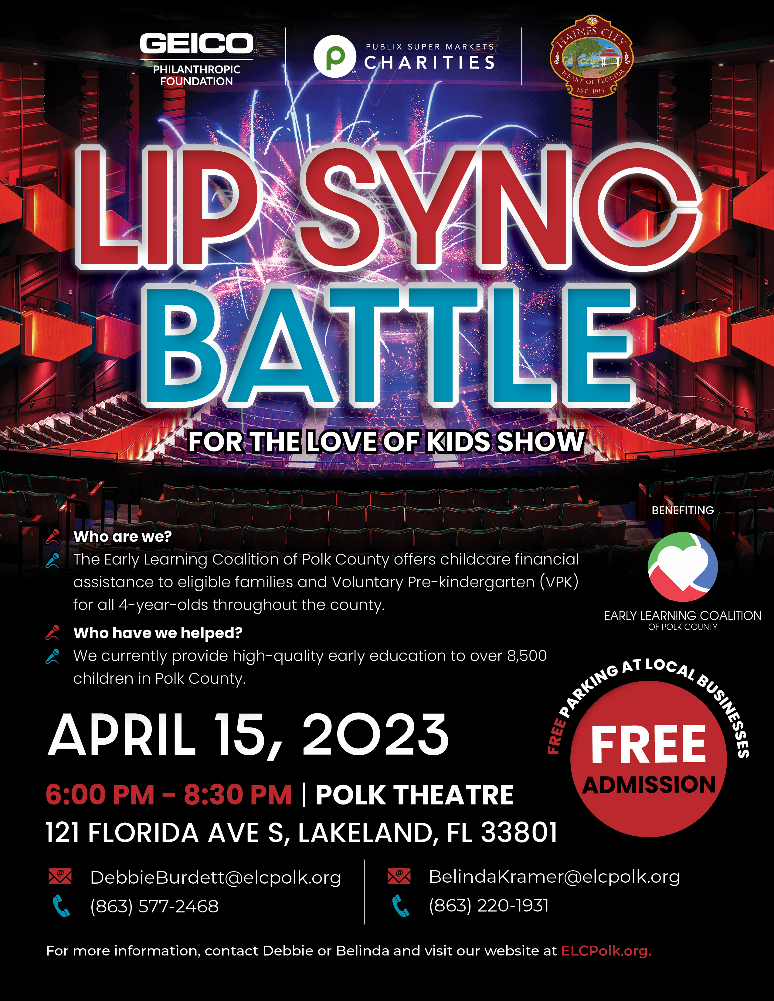 This a FREE family event presented by Publix Supermarkets Charities, GEICO Philanthropic Foundation, and City of Haines City. The event will feature some great local lip sync performers representing several local organizations who will competing for the best performance. It will be held in beautiful historic Polk Theatre and the audience along with a panel of judges will decide who will walk away with the Love of Kids trophy. Also, the first 400 attendees will receive a free gift!