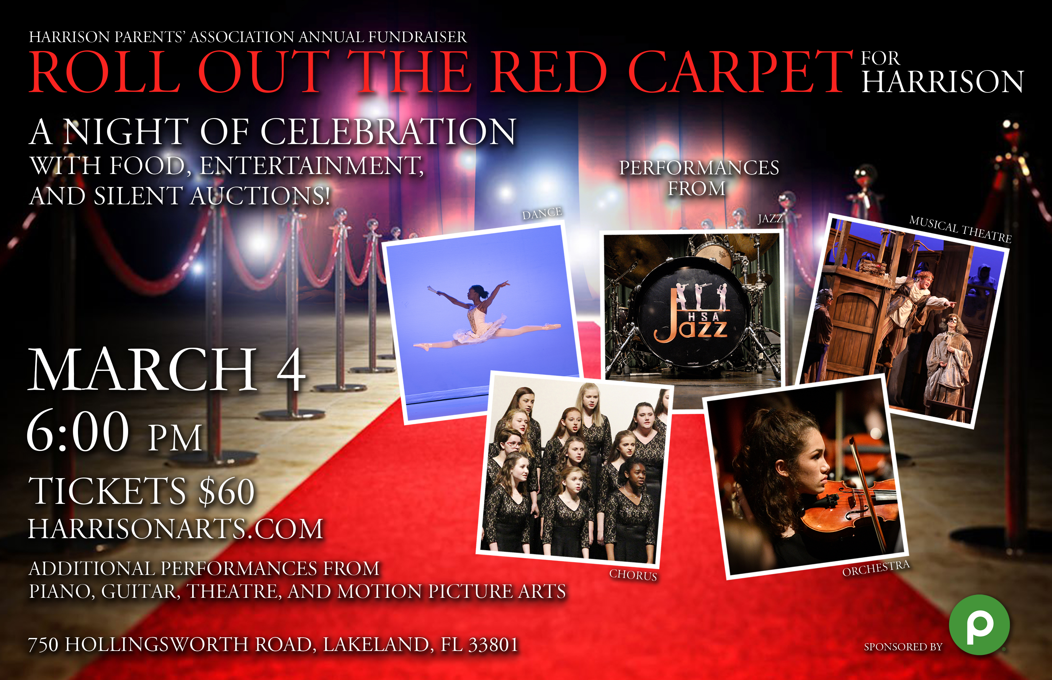 Harrison School for the Arts is proud to present Roll out the Red Carpet for Harrison – A Night of Celebration with Food, Entertainment and Silent Auction. This annual fundraising event will take place on Saturday, March 4, 2023 at 6:00 p.m. Save $10 per ticket on early bird purchases before February 3, 2023. Tickets are available at www.harrisonarts.com/redcarpet. You don’t have to attend the performance to participate in the auction. Sponsored by Publix Supermarkets.