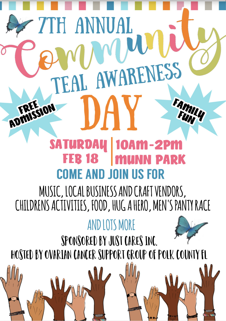 The Ovarian Cancer Support Group of Polk County FL invites you to attend the 7th Annual Community Teal Awareness Day. There will be music, local business and craft vendors, children's activities, food, hug a hero, men's panty race, and more! FREE fun for the entire family!