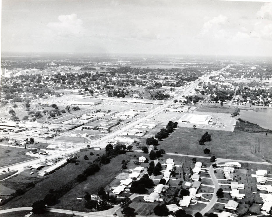 An aerial image of Parker Street including "Searstown" which in 1968, when this image was taken, was the premier shopping center for Lakeland