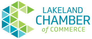 This is the logo for the Lakeland Chamber of Commerce. It is the words Lakeland Chamber (blue) of Commerce (green) in sans serif text. To the left of the words is a stylized 'C' made up of an array of blue and green triangles.