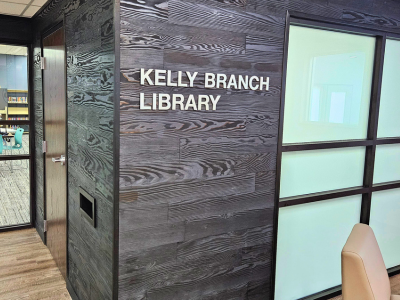 View of Kelly Branch Library exterior wall and sign
