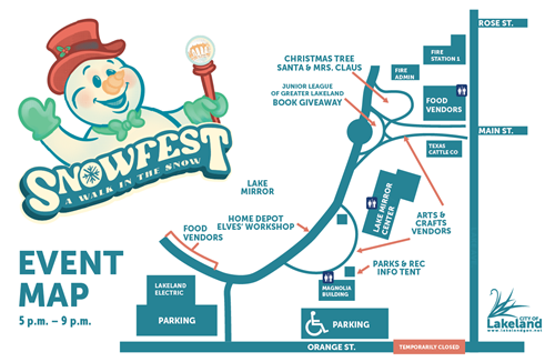 Event Map graphic for Snowfest 2023 - Please email LakelandParkRec@Lakealndgov.net for additional accessible options
