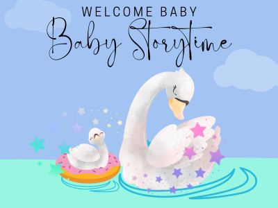Illustration of two swans swimming with text Welcome Baby, Baby Storytime