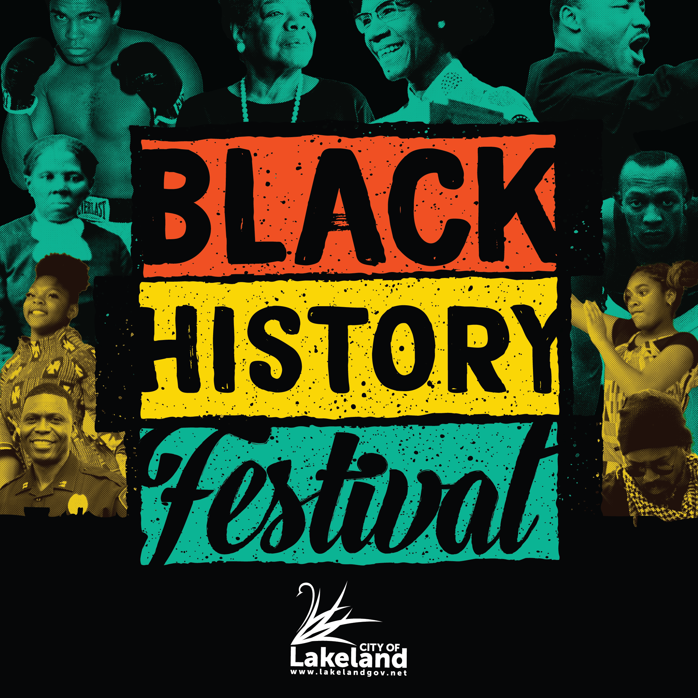 Black History Festival - with decorative elements along the outside and the city of lakeland logo at the bottom.