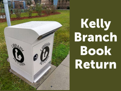 Beige library book return with sticker "Library Return" and library logo with text "Kelly Branch Book Return"