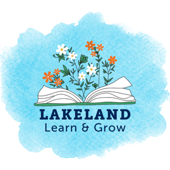 Graphic: Blue background with flowers and text: Lakeland Learn and Grow