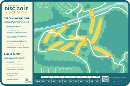 Graphic of Lake Parker Disc Golf map - contact Parks for information on details regarding the map Parks@Lakelandgov.net