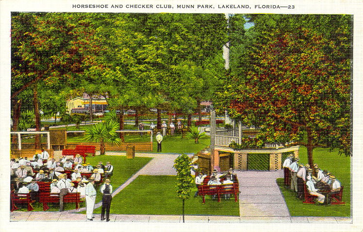 Postcard print of Munn Park lawn and bandstand with groups gathered for the Horseshoe and Checker Club circa 1934; link to Lakeland Public Library "Playgrounds, Parks, Fields, and Gardens" Flickr album