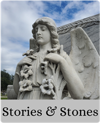 Angel statue with floral garland and text below Stories & Stones