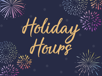 Multicolored firework illustrations on navy dotted background with text Holiday Hours