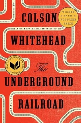 Book cover of The Underground Railroad by Colson Whitehead. Cover features a red background with small railroad track pattern making pathways across and around the space and small illustrations of people walking on the railroad tracks.