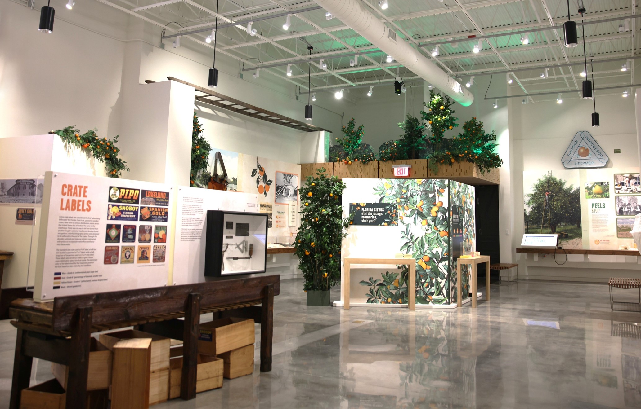 View within the Lakeland History and Culture Center of two central information panels