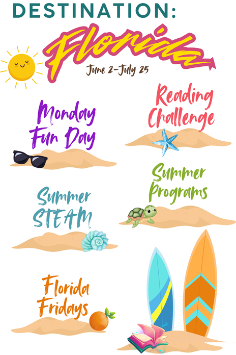 Two surfboards, book, sun, shells, turtle, and orange by text "Reading Challenge, Monday Fun Day, Summer Programs, Summer STEAM, Florida Fridays" with text above "Destination: Florida"