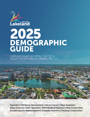 2025 Demographic Guide Cover Image. Text, logo, and photo of lakeland.