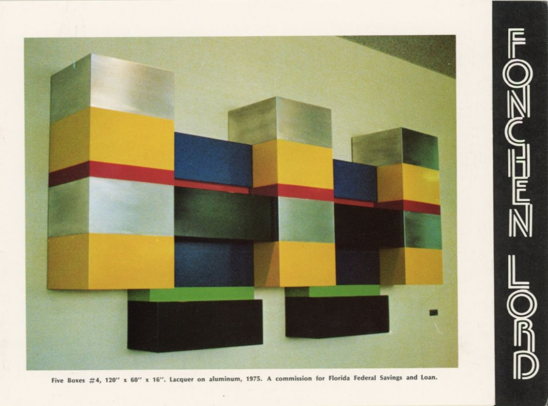 Fonchen Lord's aluminum and lacquer sculpture titled Five Boxes # 4 on display in the lobby of Florida Federal Savings and Loan, 1975. Fonchen Lord was a Lakeland-based painter and sculptor who exhibited her art across the country.; link to "Fonchen Lord" contentDM collection