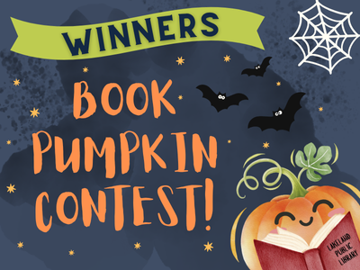 Pumpkin reading a book, bats, a spiderweb, and stars on dark sky background with text Book Pumpkin Contest! Winners; Lakeland Public Library