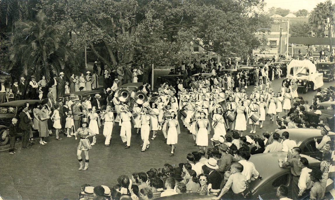 The Lakeland High School marching band during the city of Lakeland's annual Armistice (later Veterans') Day parade in 1939 near Munn Park.; link to "I Love a Parade" Flickr album