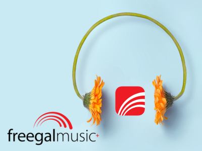 Two gerbera daisies shaped to make a pair of headphones with freegal music+ logo and app icon; link to Lakeland Library's freegalmusic site