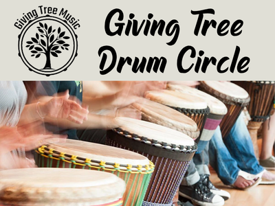 Row of seated people playing drums with their hands below Giving Tree Music logo and text "Giving Tree Drum Circle"; Link to library event calendar
