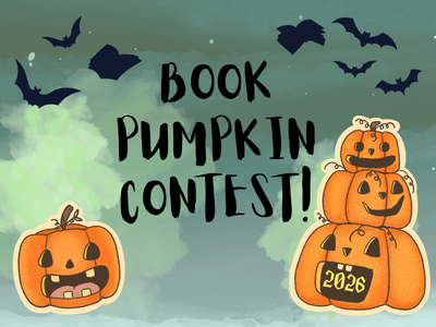 Stack of pumpkins, bats, and flying books meant to look like bats on dark sky background with text Book Pumpkin Contest! 2026