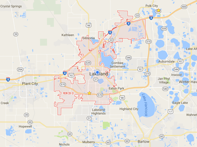A map of Polk County that shows the city limits of Lakeland, Florida.