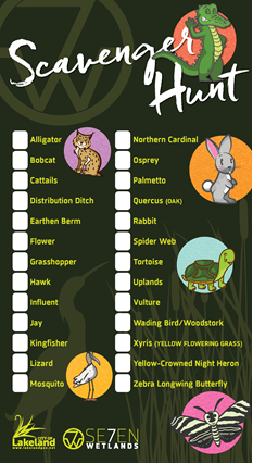scavenger hunt graphic with a list of various animals for kids to find as they explore Se7en Wetlands