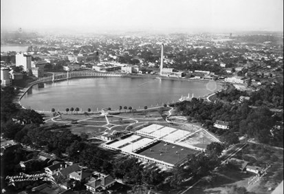 Black and white aerial view of Lake Mirror